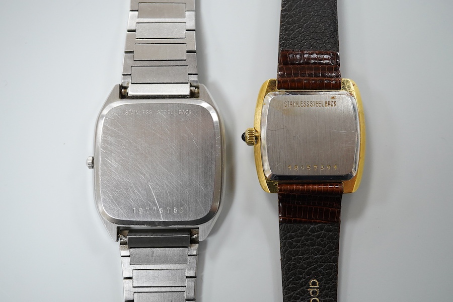A gentleman's recent stainless steel backed Longines quartz wrist watch, with Roman dial, case diameter 31mm, on a steel bracelet, together with a lady's steel and gold plated Longines quartz wrist watch, case diameter 2